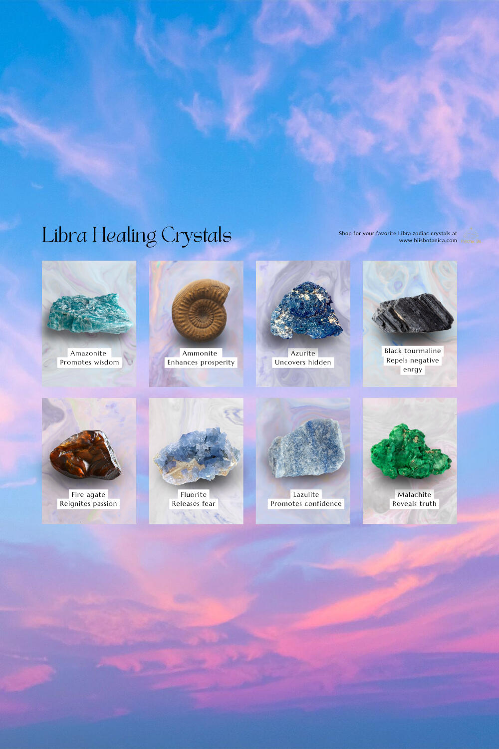Libra zodiac crystals for energy healing featuring Amazonite, Ammonite, Azurite, Black Tourmaline, Fire Agate, Fluorite, Lazulite, and Malachite