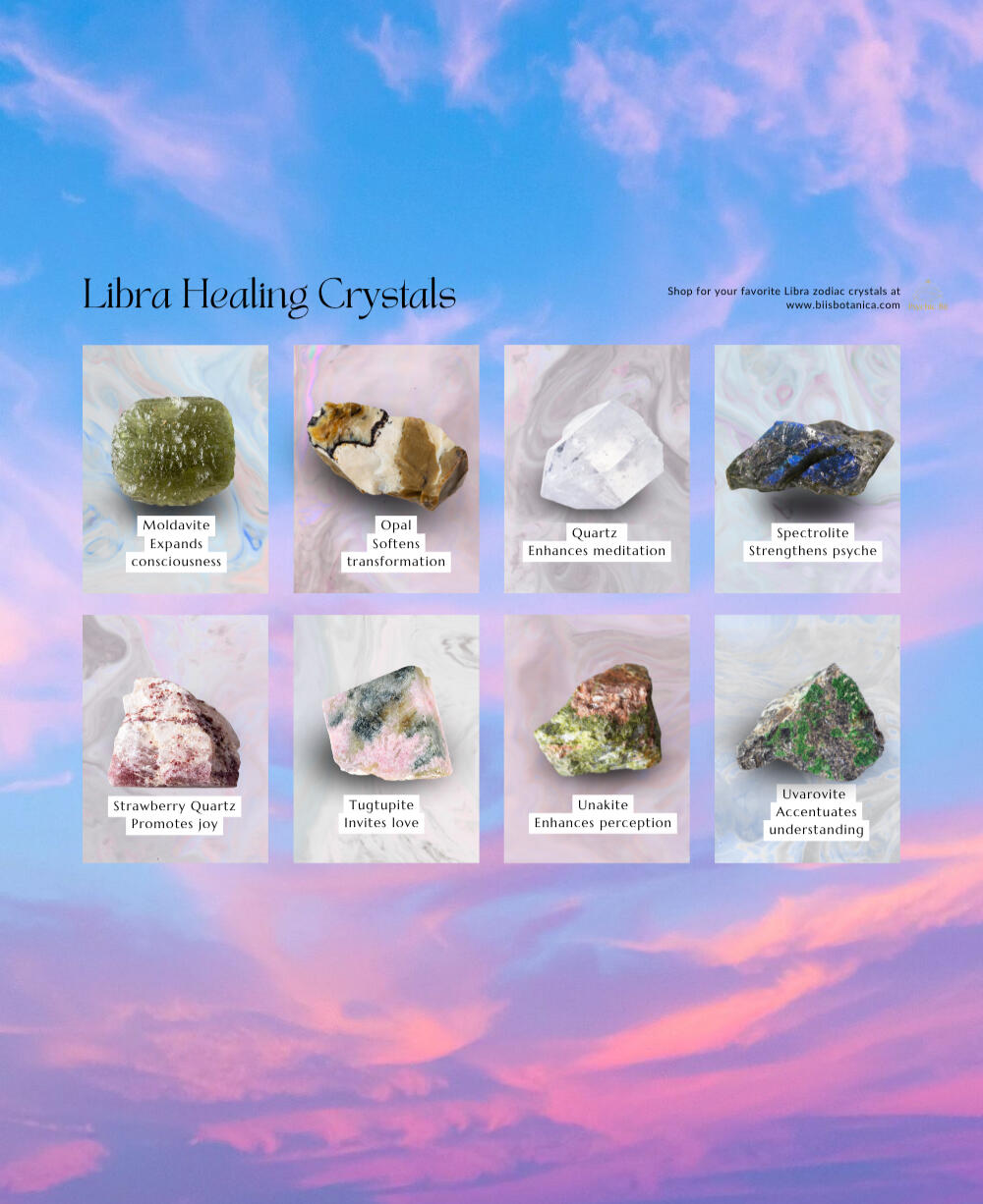Libra zodiac crystals for energy healing featuring Amazonite, Ammonite, Azurite, Black Tourmaline, Fire Agate, Fluorite, Lazulite, and Malachite