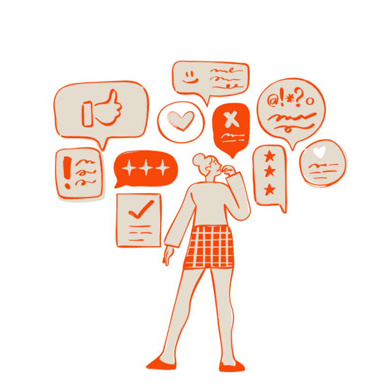 A confused woman stands in front of many conflicting options