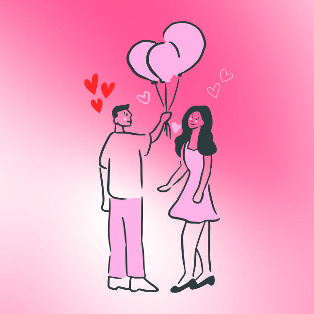 Soulmate couple in love holding up pink balloons with heart bubbles