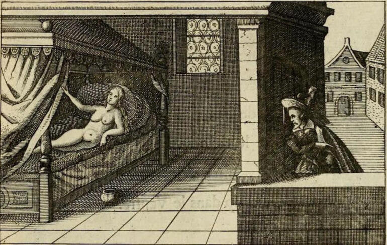 Libra woman lounging in bed while lover stares through peep hole