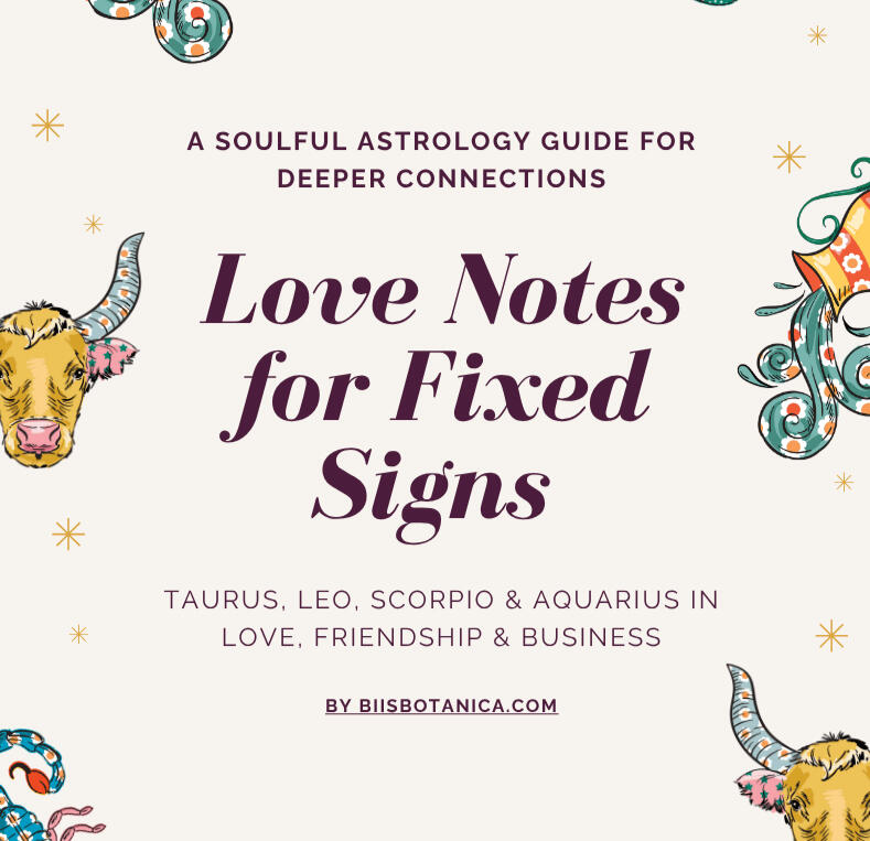 Taurus bull, Leo lion, Aquarius date vase, and Scorpio scorpion showing how fixed signs love