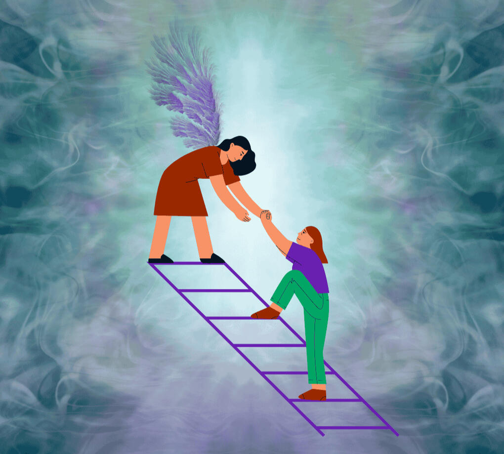 spirit guide helping a person ascend the ladder of reality and master soul lessons
